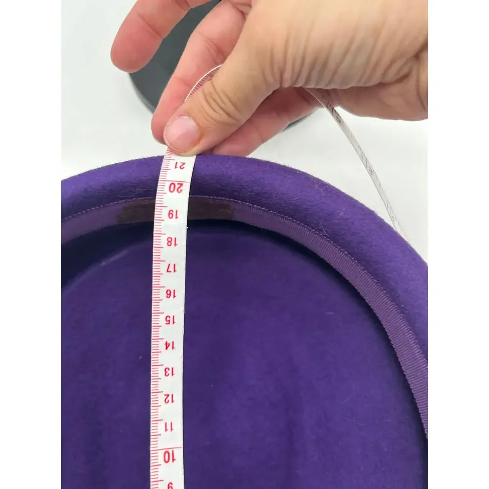 Vintage 80s Purple Wool Felt Pillbox Hat Olive Velvet Rosette Flowers 56cm Sz M - Picture 8 of 13